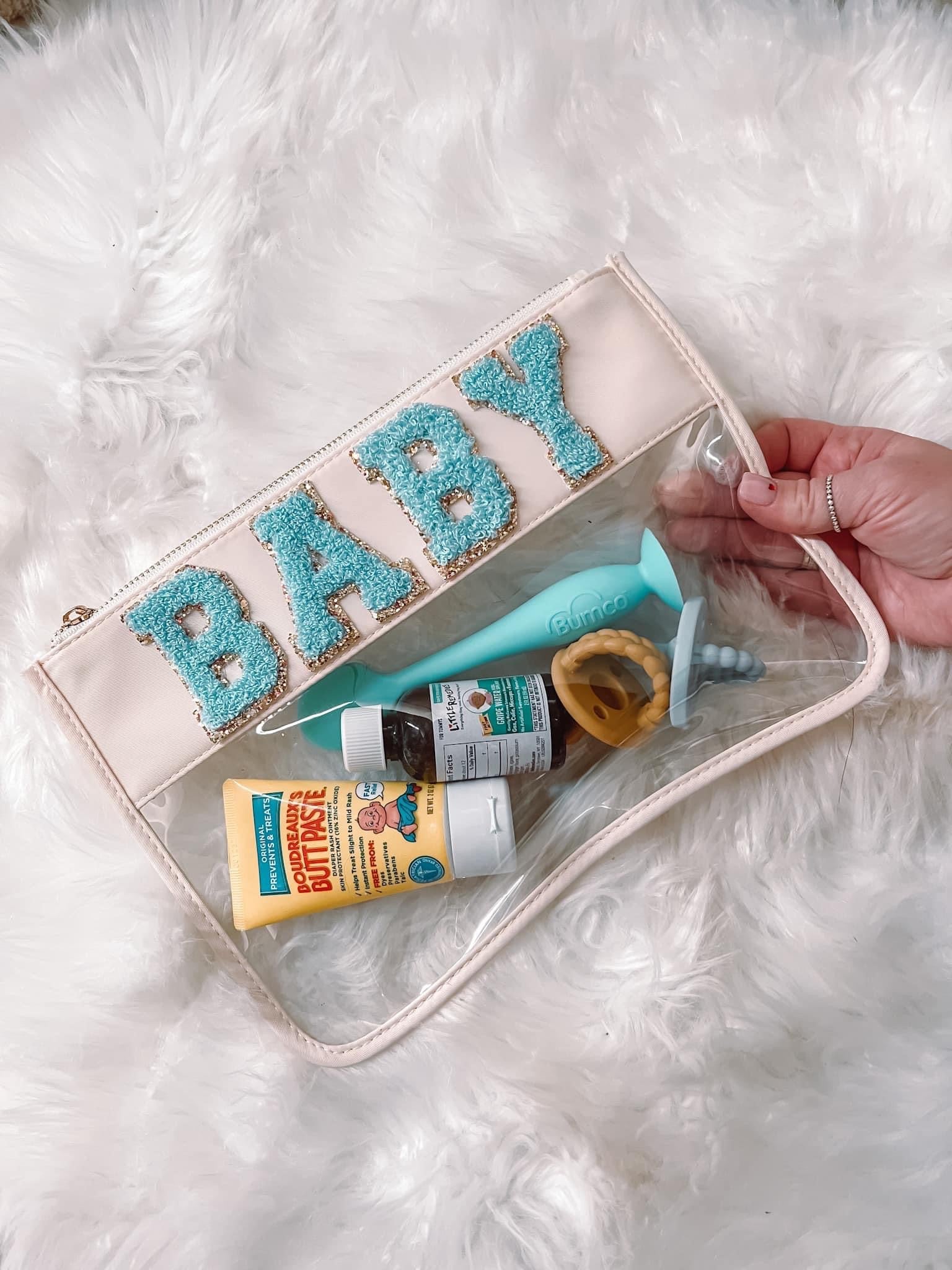 Clear Blue “BABY” Pouch with Chenille Letters!