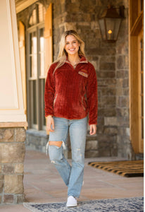 Simply Southern Soft Brick Red Pullover Leopard Cheetah Trim